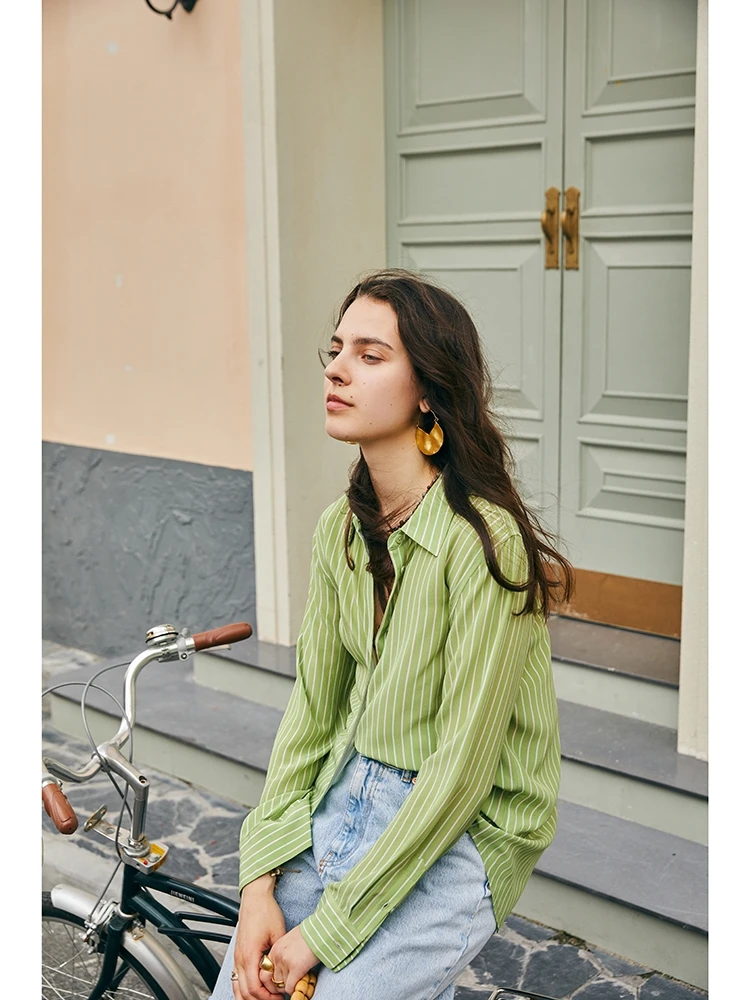 SuyaDream,Woman Striped Shirts, 100%Silk Crepe, Long Sleeves, Green Blouses, 2024 Spring Summer Casual Top