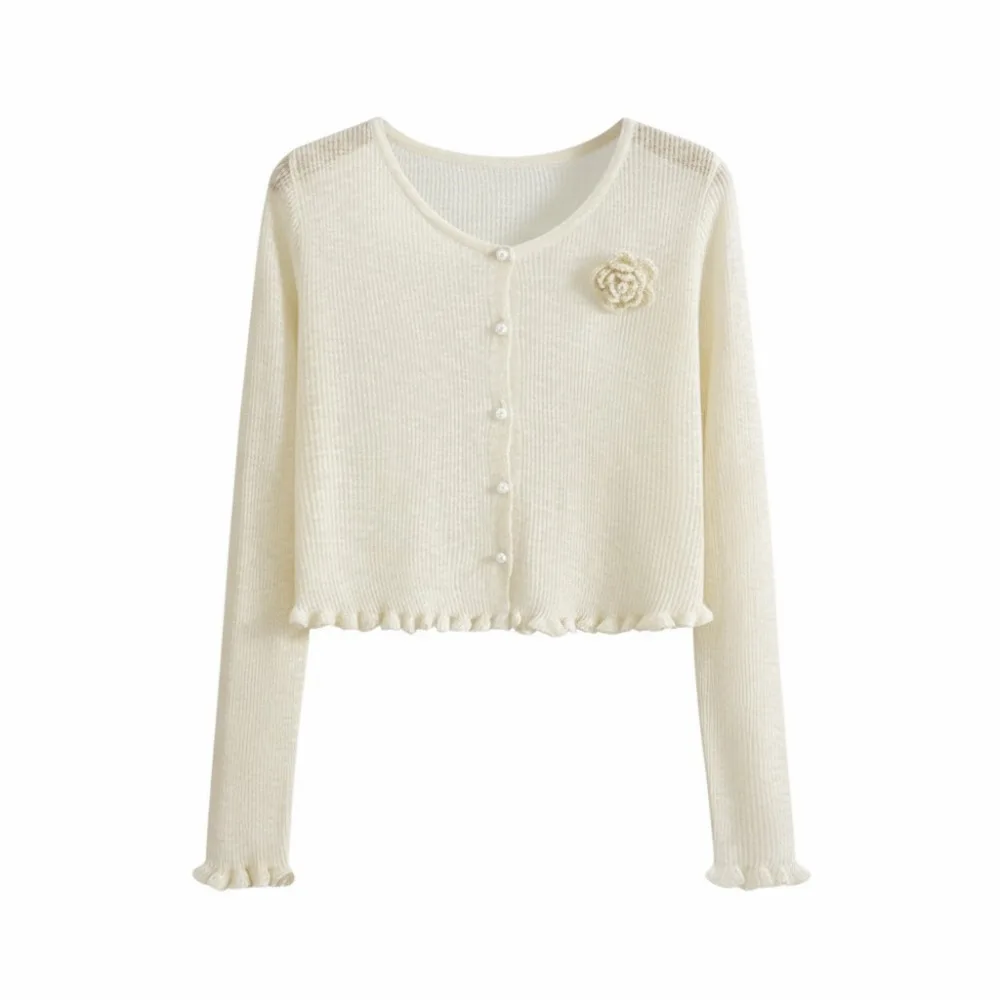 

Sheer Knit Ice Silk Cardigan Light Weight Breathable Material Sun Protection Cardigan Full Sleeve Thin Fabric Ruffle Cardigan
