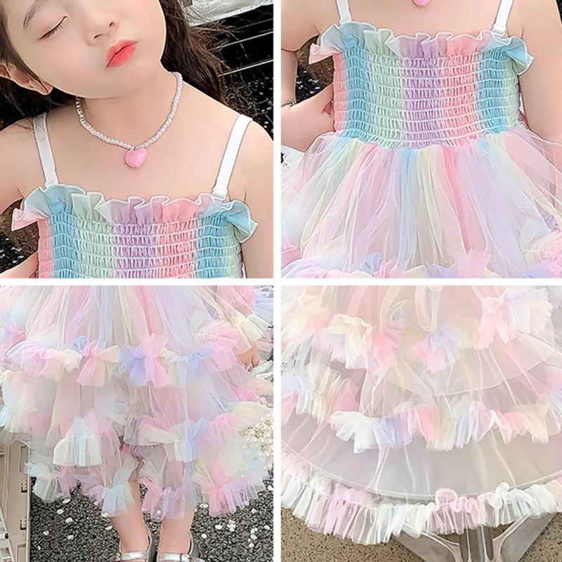 Baby Girls' Rainbow Tulle Vestido sem mangas inchado, conjunto princesa infantil, roupas para criança, festa de aniversário, verão, doce, infantil, 1-4 anos