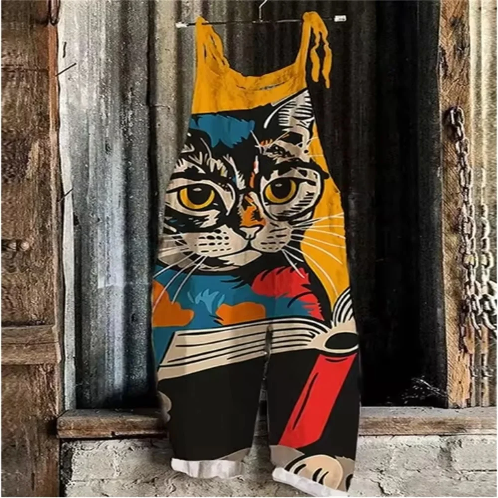 

2025 Summer Women's Stylish Breathable One-Piece Pants, 3D Bathing Cat Print, Everyday Cute Loose One-Piece Pants