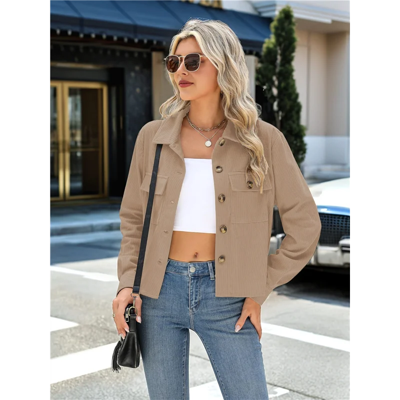 ABP-mode pour femmes manilles courtes velours côtelé boutonné vestes courtes hauts chemises à manches longues à la mode 2025