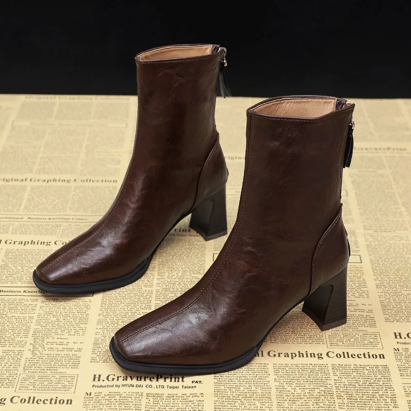 

Brand Square Toe High Heel Ankle Boots Women2025new Autumn Two-color Thick Heel Zipper Versatile Stretch Chelsea Boots Plus Size