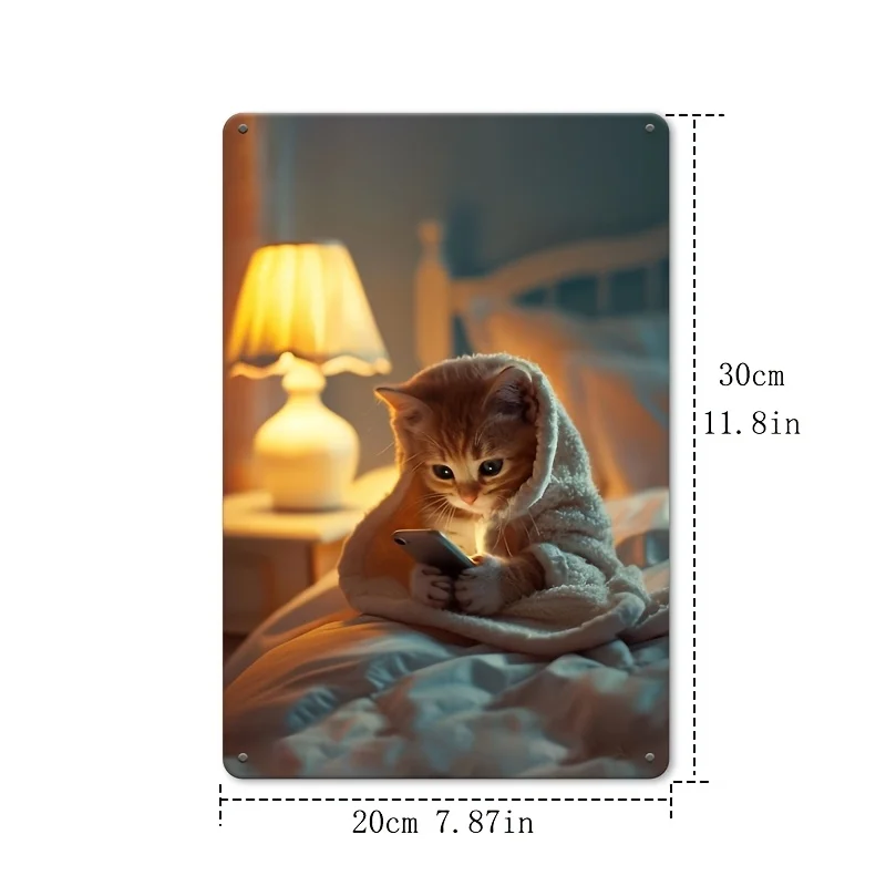 2D flat, A cat hiding under the covers and secretly playing with its phone, decorated with metal and iron signs (7.8in * 11.8in)