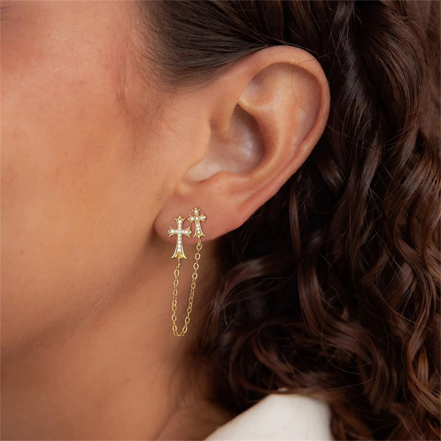 

WAKA Trendy Double Cross Chain Tassel Dangle Earrings Unique Chic Style Statement Jewelry For Women Party Fashion Accessory