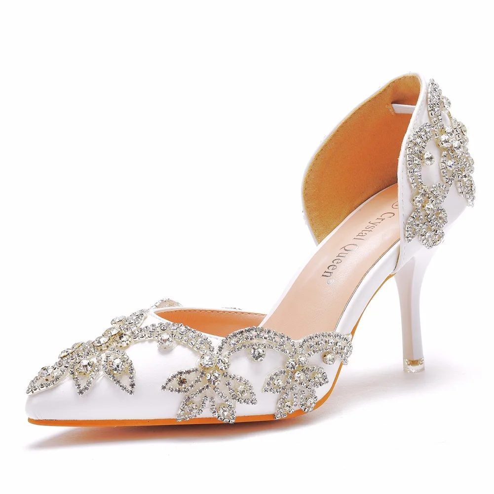 Ladies Shoes High Quality Sandals Women Pumps Rhinestone PU 7.8CM Thin Heels Appliques Evening Dress Woman Shoes White image 6