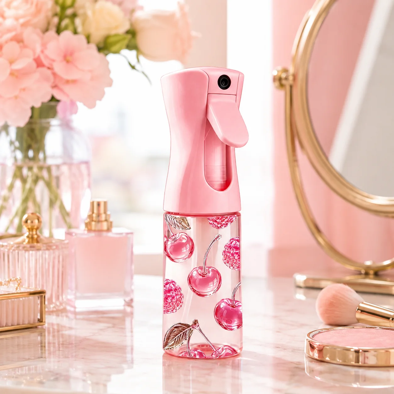 200ml Fine Mist Spray Bottle Pink Print Spray Bottle Refillable Continuous Mister for Hair Face Travel Beauty Plants Toy Gifts