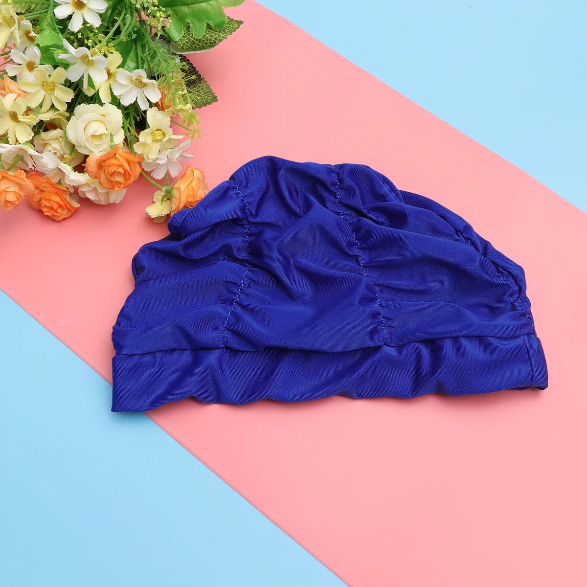 2PCS Women Swim Waterproof Pleated Swim Hat Swimming Ear Protector for Swimming (Blue)