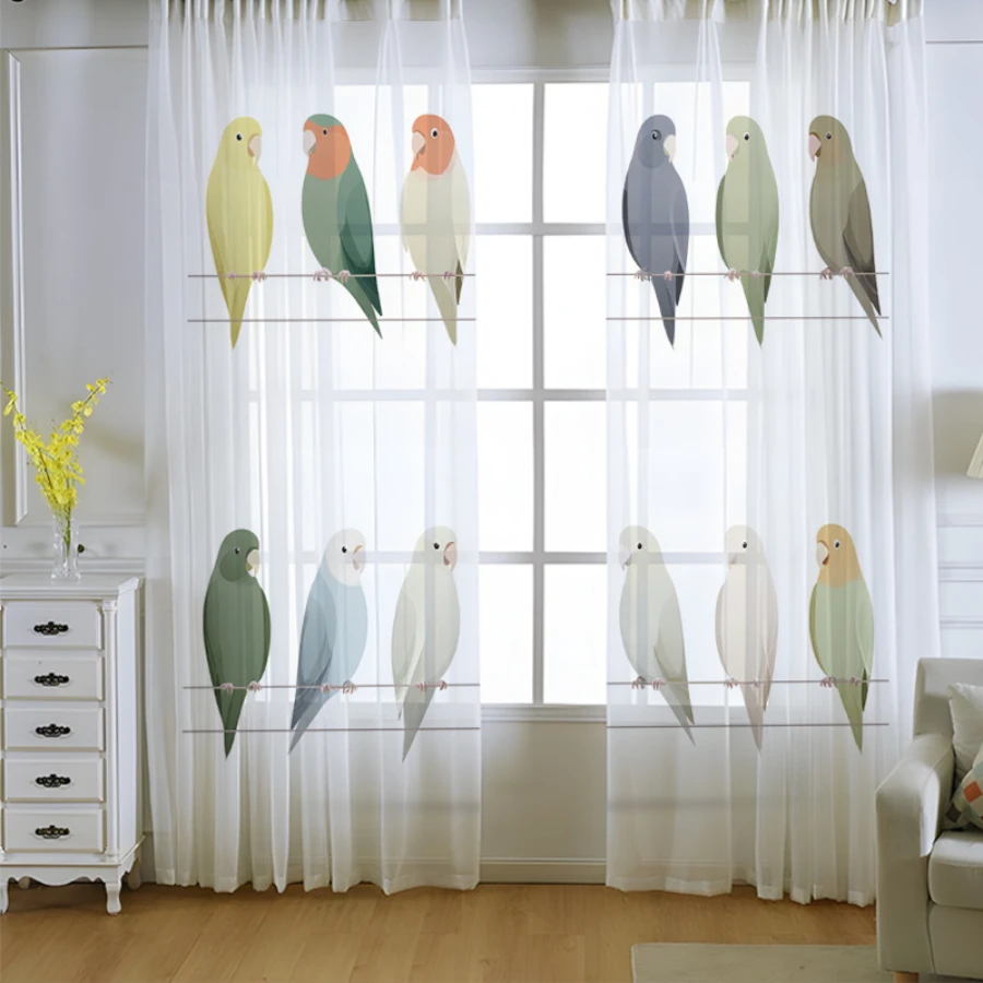 2PCS Digital Print Sheer Curtain, Two Rows Parrots, Modern Minimalist Window Curtains for Living Room Bedroom Home Decor