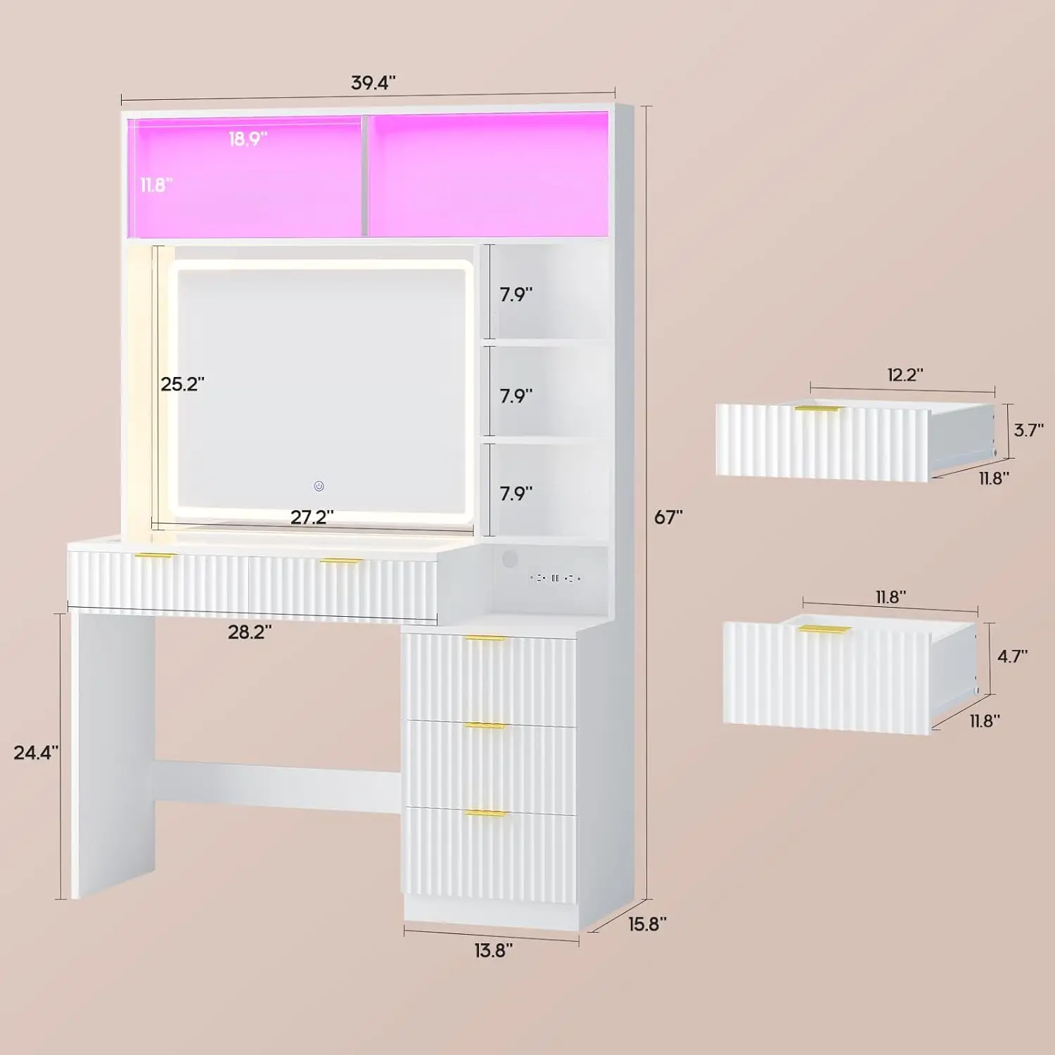 i*-Fluted Vanity Desk with Mirror, Sync Music LED Lights, Power Outlet, Wooden Makeup Vanitys with Glass Cabinet,, Customized