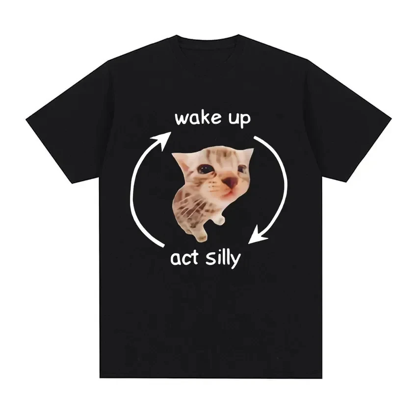 Wake Up Act Silly Meme Pattern T-shirt Fun And Cute Cat Print Short Sleeved T-shirt For Men And Women Casual Oversized T-shirt