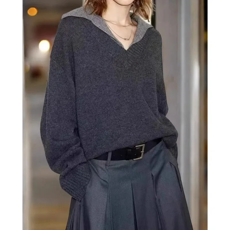 

V-neck double-neck 100 cashmere sweater loose sweater knitted sweater women's wool base layer