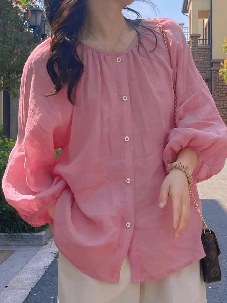 

Korean Style round Neck Pink Lantern Sleeve Shirt Women's Spring Summer Thin Loose Doll Top Upper Apparel Comfortable Fit