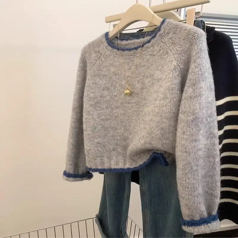 

Gray short sweater women in autumn and winter, 2025 new style lazy style thickened knitted bottoming shirt tops high quality