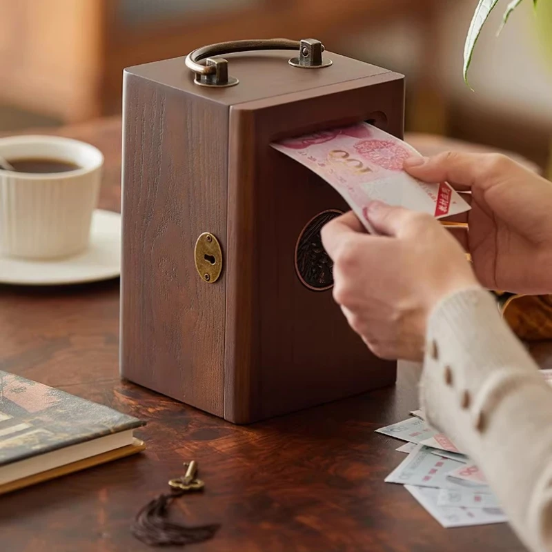 Wooden Piggy Bank with Lock Creative Money Box for Adults Kids Solid Wood Treasure Chest for Bills Coins Home Office Desk Decor