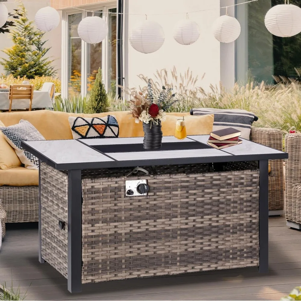 

47 Inch Propane Fire Pit Table with Ceramic Tabletop and Rattan Side Panels, 50,000 BTU Gas Fire Pit with Lid and Glass Rocks