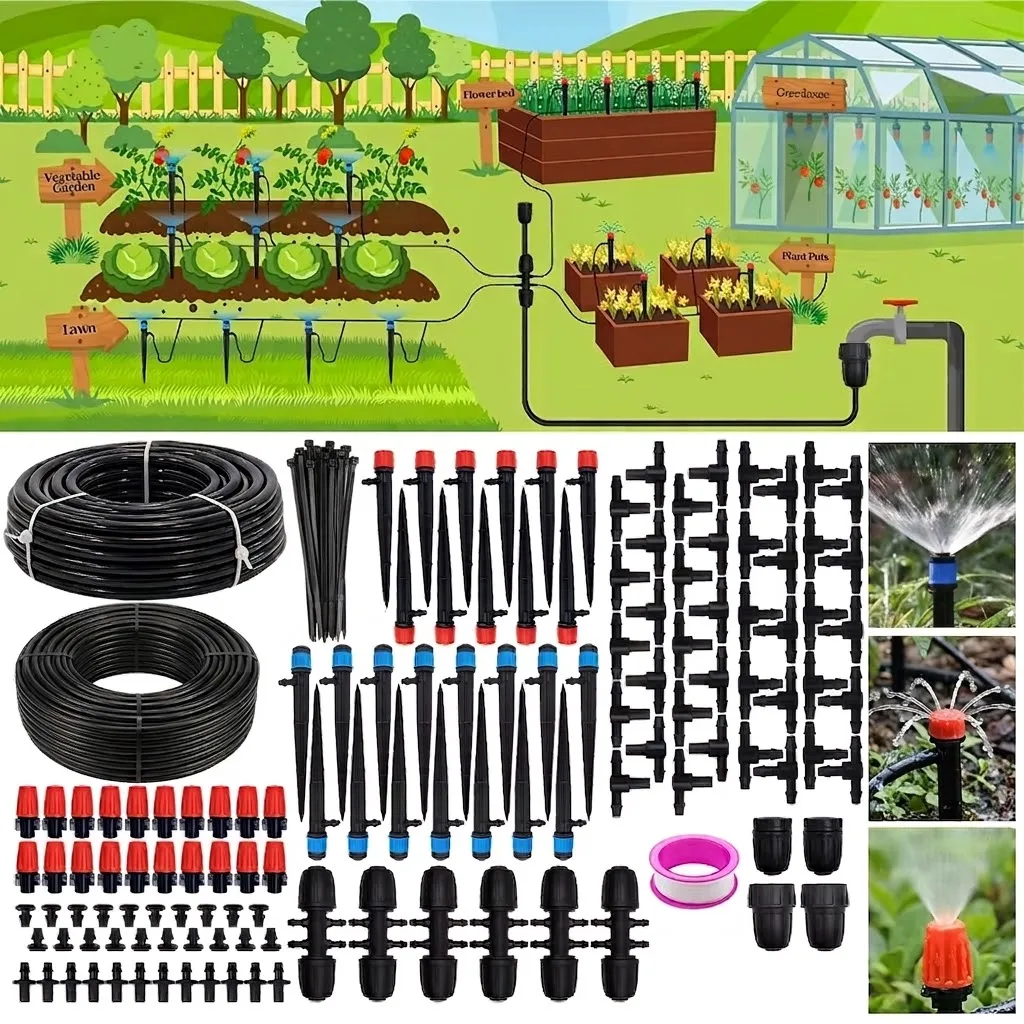 Automatic Drip Irrigation Kit 240FT Long System with 1 2 inch Hose and 1 4 inch Distribution Tubing Plus Accessories Watering