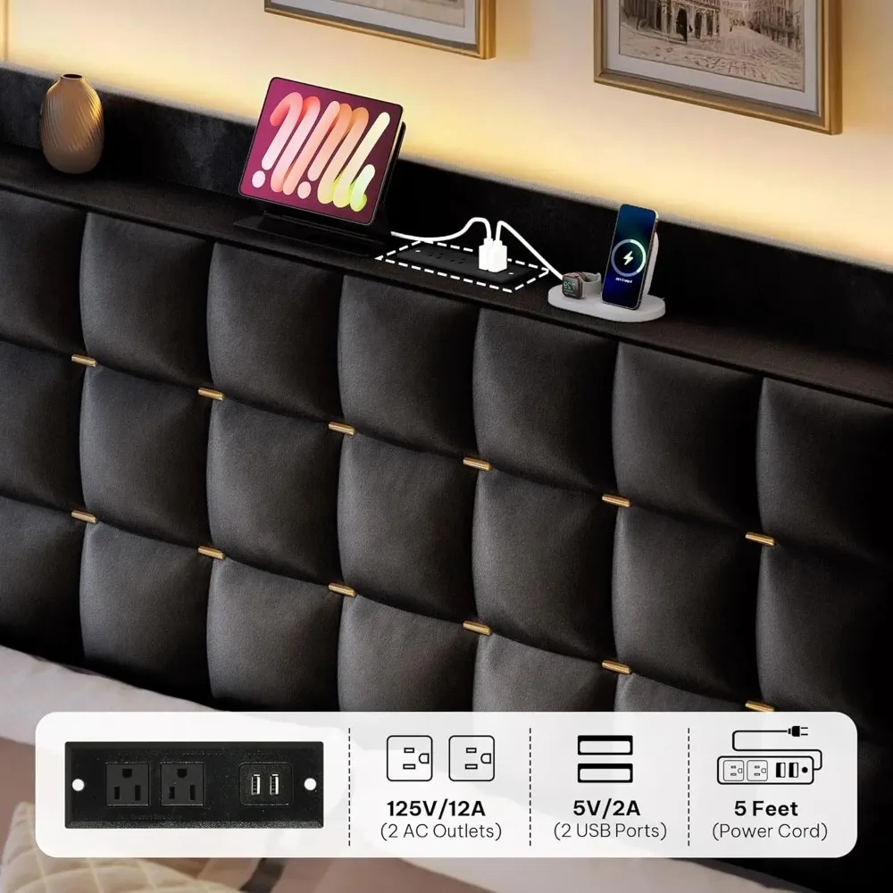 إطار سرير كوين/كينج LED مع 4 أدراج سرير بمنصة منجدة مخملية، لا حاجة إلى صندوق زنبركي، سهل التجميع