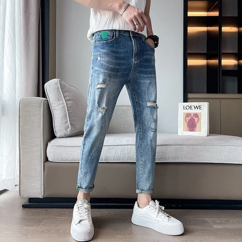 

Slim Fit Jeans 9-Piece Men's Summer Thin Casual Pants mid Waist Zipper Closure Breathable Stretchable Slim Straight Leg Jeans