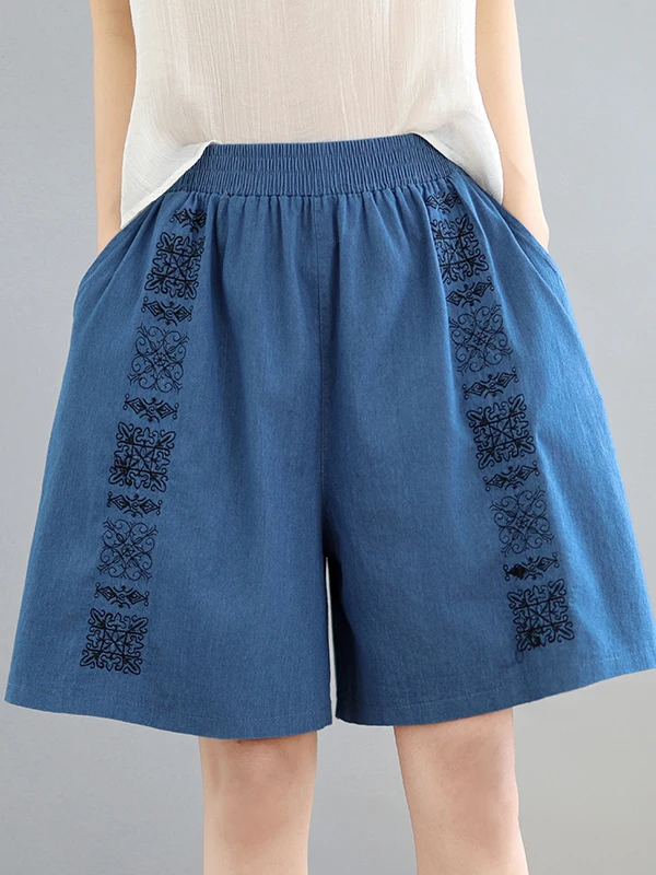 

Summer Loose Fit Slimming Thin Denim Embroidered Shorts Women's Wide Leg Pants Artistic Versatile Five-Quarter Length