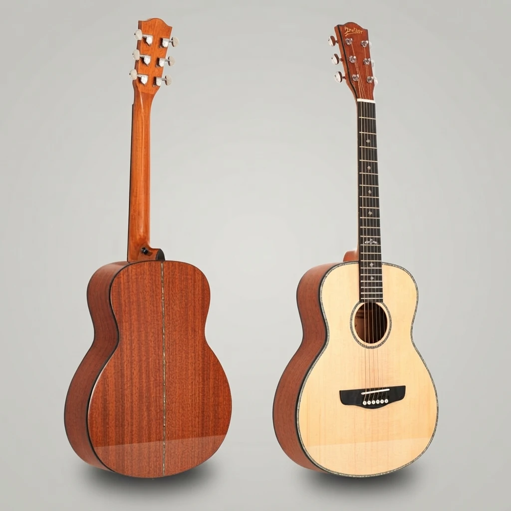 Acoustic Guitar 6 String Light Top Dark Back Sides Cross Inlay Chrome Tuners Bridge White Pins Glossy Body No Cutaway Finish