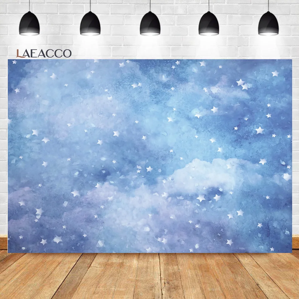 Laeacco Baby Shower Backgrounds Blue Sky White Clouds Stars Flowers Newborn Photography Backdrops Birthday Photocall Photobooth