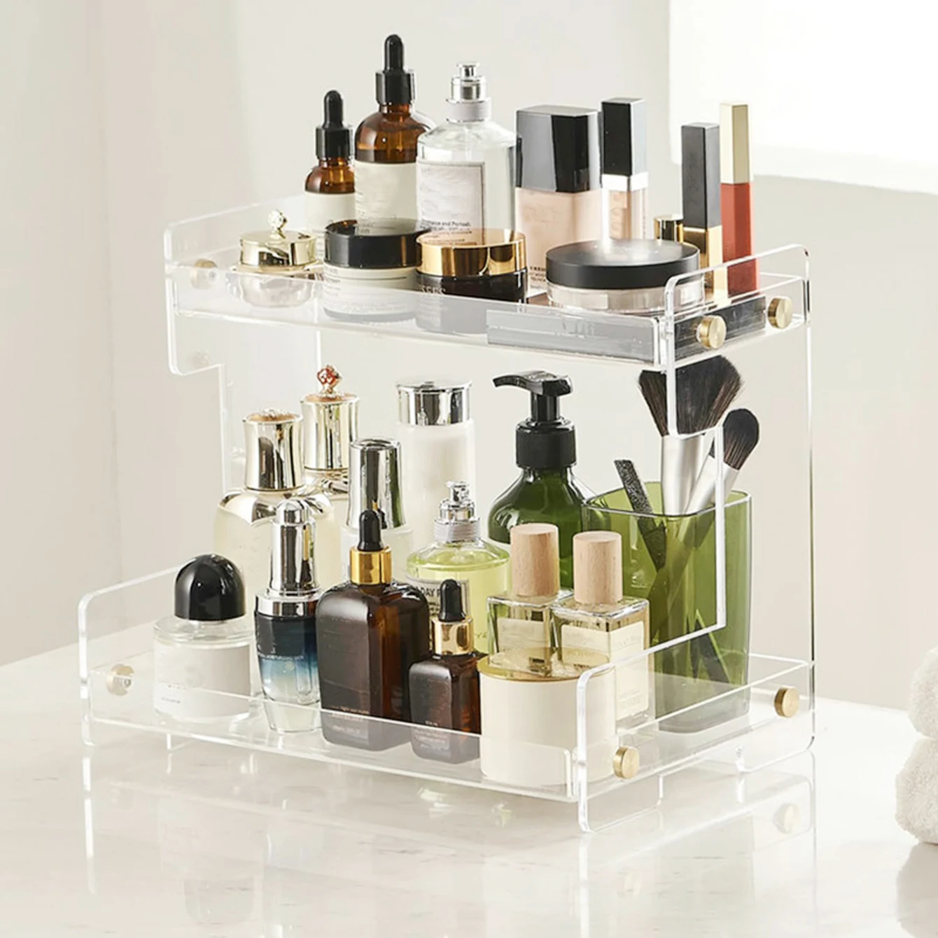 Double-deck Makeup Organizer Acrylic Cosmetic Storage Box Beauty Display Bathroom Shelf Large-capacity Perfume Storage Rack