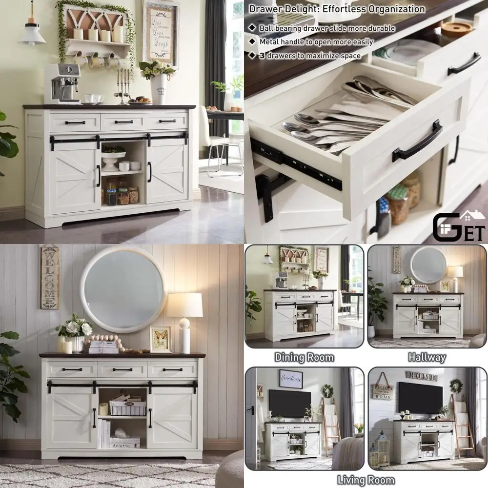 

Rustic 53-inch Sideboard with Sliding Barn Door and 3 Drawers for Dining and Coffee Bar Storage