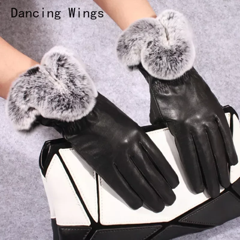 Winter Rabbit Fur Genuine Leather Gloves Women Feminino Real Sheepskin Finger Black Motorcycl Mittens Guantes Mujer