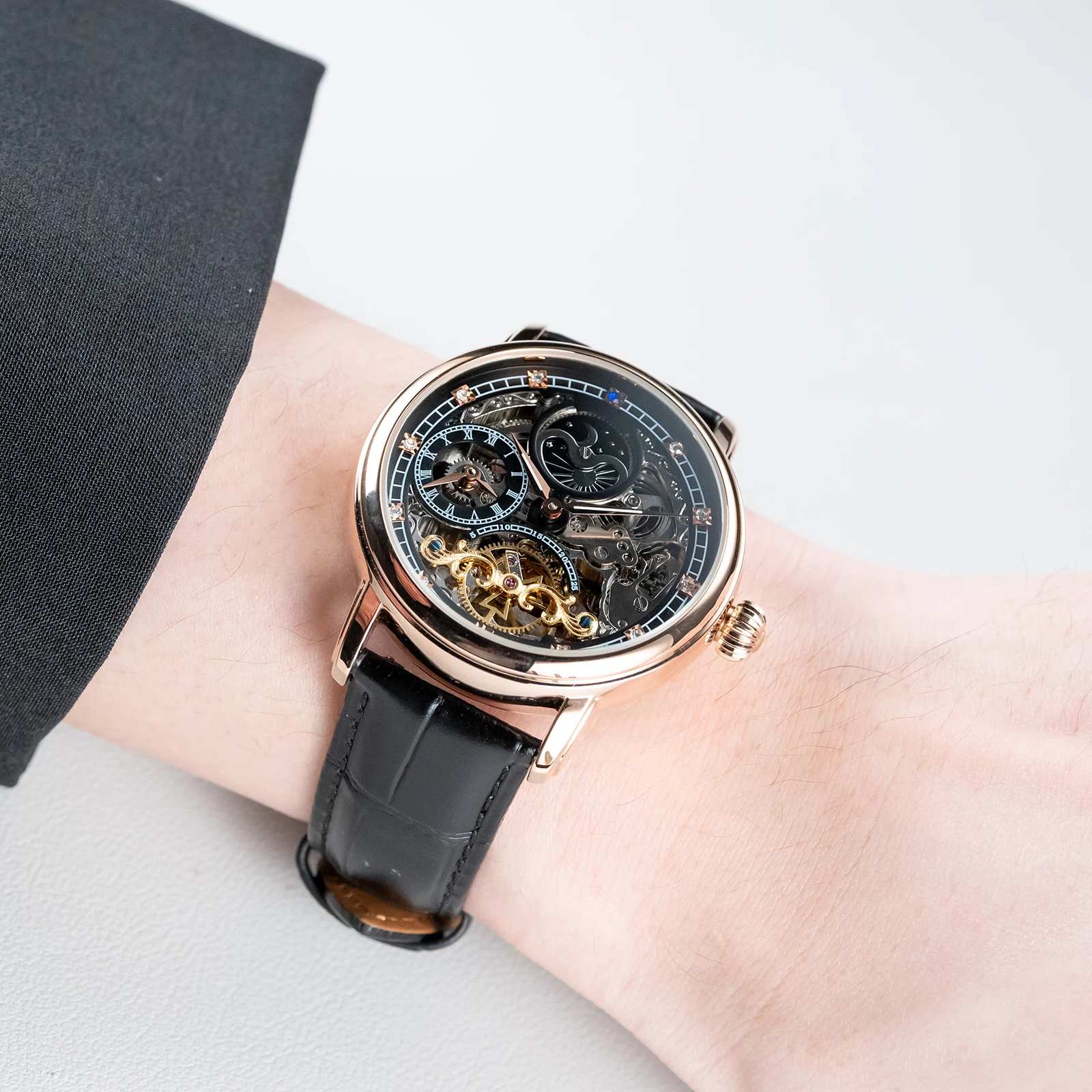 

OBLVLO мужские розовое золото звездное небо скелет механические наручные часы черный кожаный ремешок автоматический механизм классические часы YM-MUT