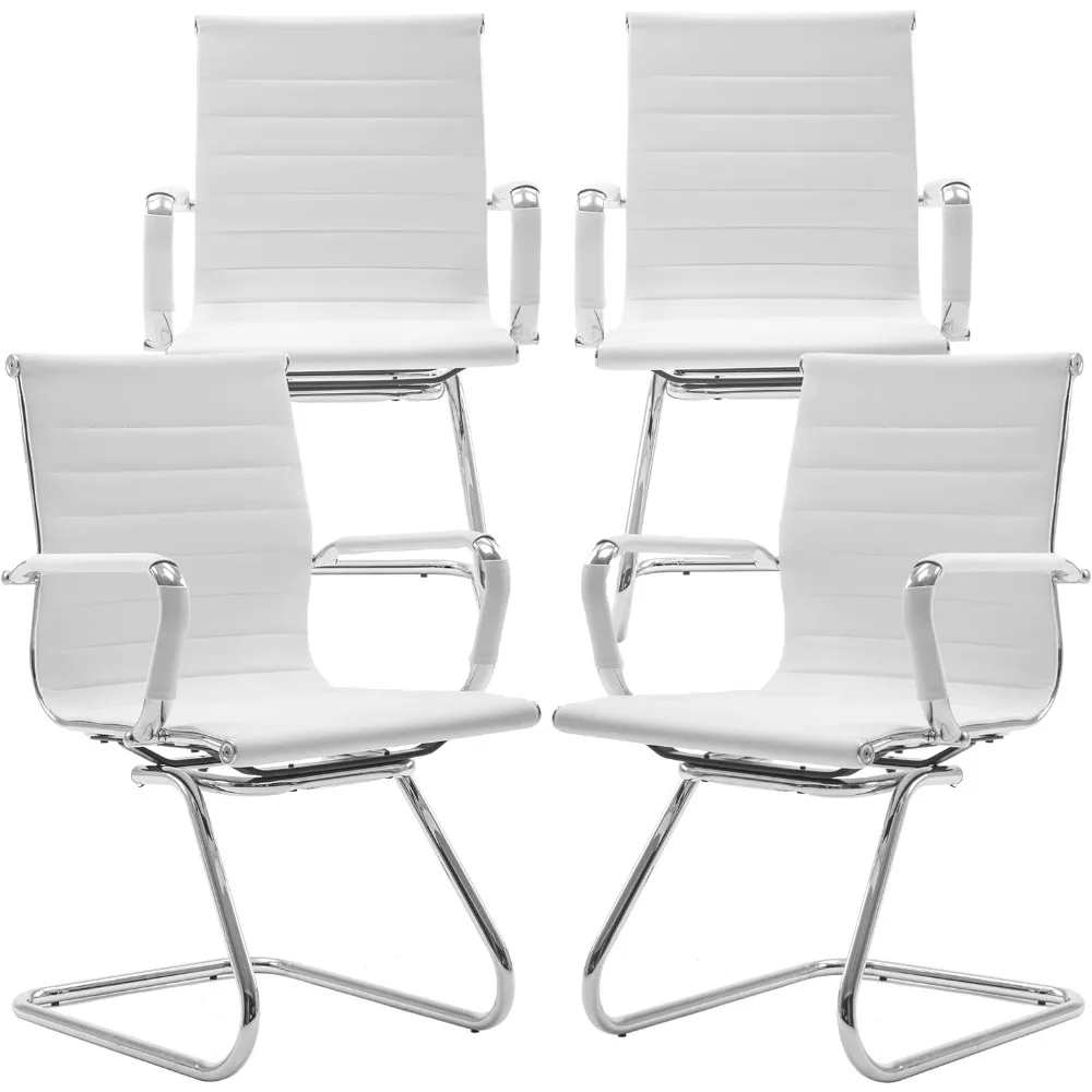 

White Office Desk Chair No Wheels Set of 4 PU Leather Computer Chairs Mid Back Guest Chairs for School Reception Conference Wait