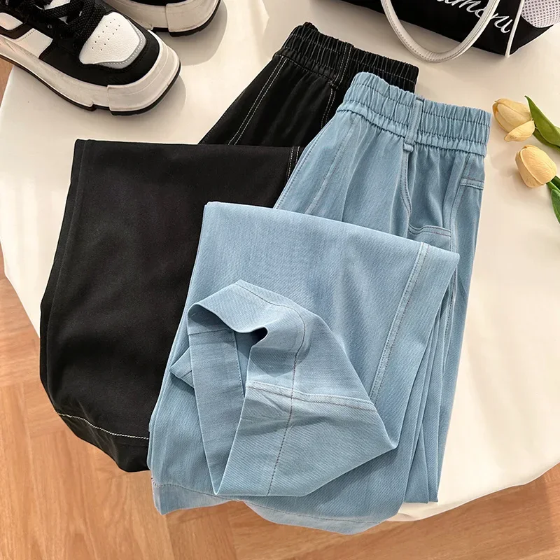 

Pop High Waist Straight Leg Silk Denim Jeans Women's Spring Summer Thin Korean Version New Style Casual Ice Silk Wide Leg Pants