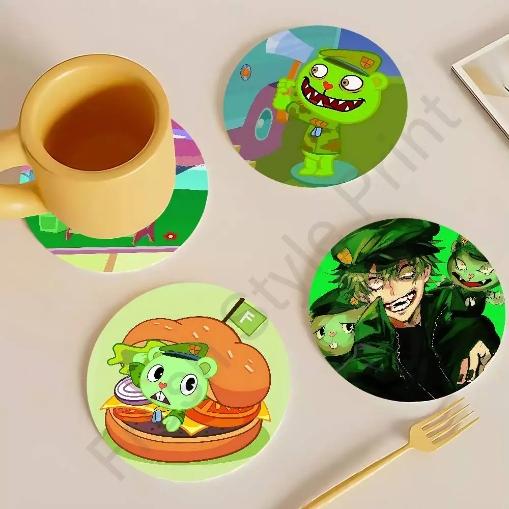 

H-Happy Tree Friends F-Flippy Wooden Coasters 10cm Round Cosplay Fans Collect Friends Gifts