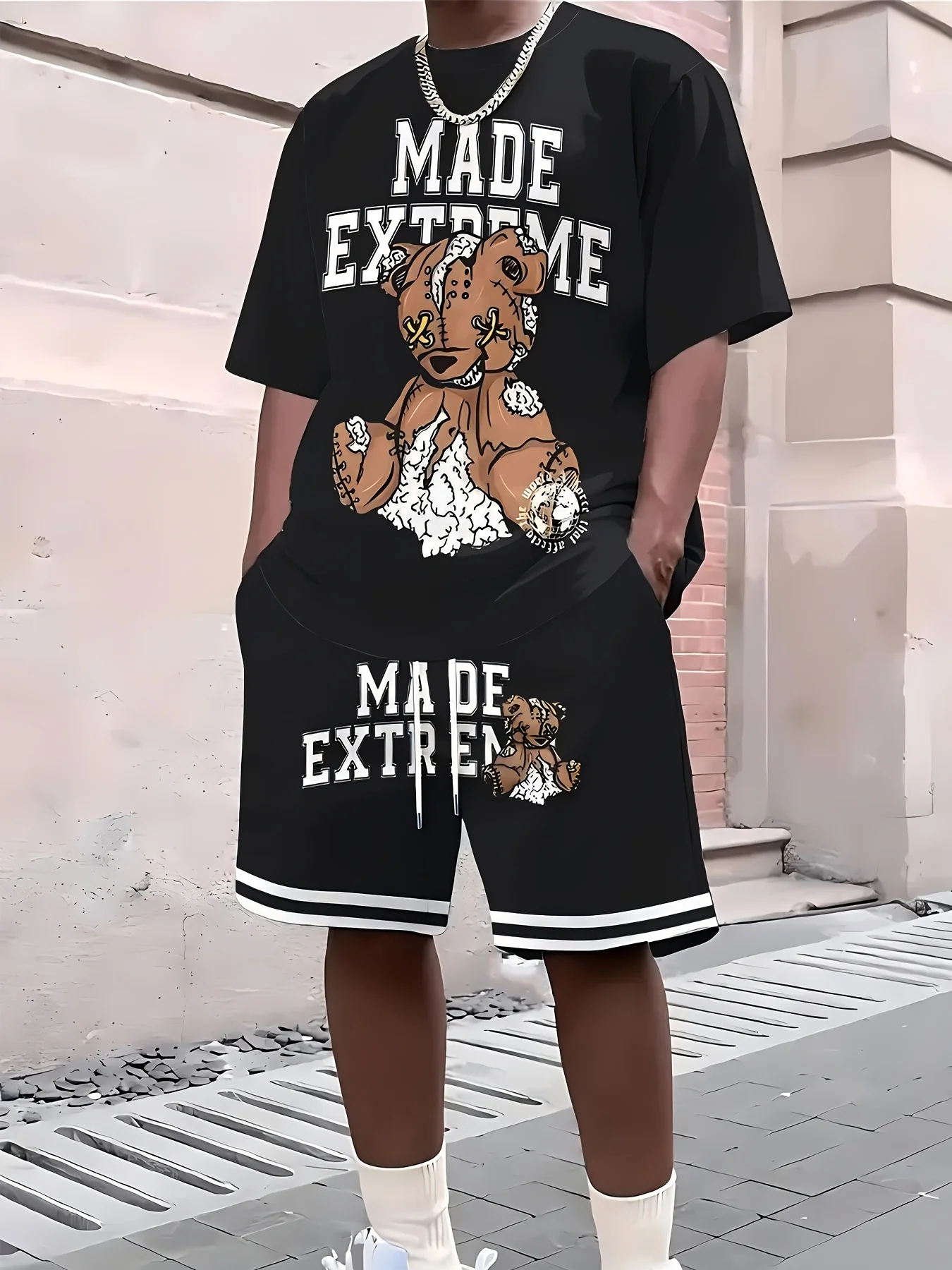 

2025 Summer New 3D Ted Bear Doll print Loose casual fashionable soft, comfortable and breathable men's set