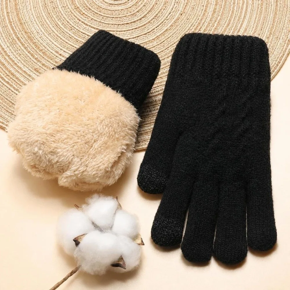 Double Layer Knitted Touchscreen Gloves Thickened Soft Winter Driving Gloves Windproof Stretch Unisex Warm Mittens Cycling