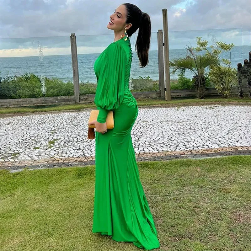 Vestido de noche plisado de manga larga con cuello en V, elegante vestido de fiesta de sirena verde, largo hasta el suelo, 2024