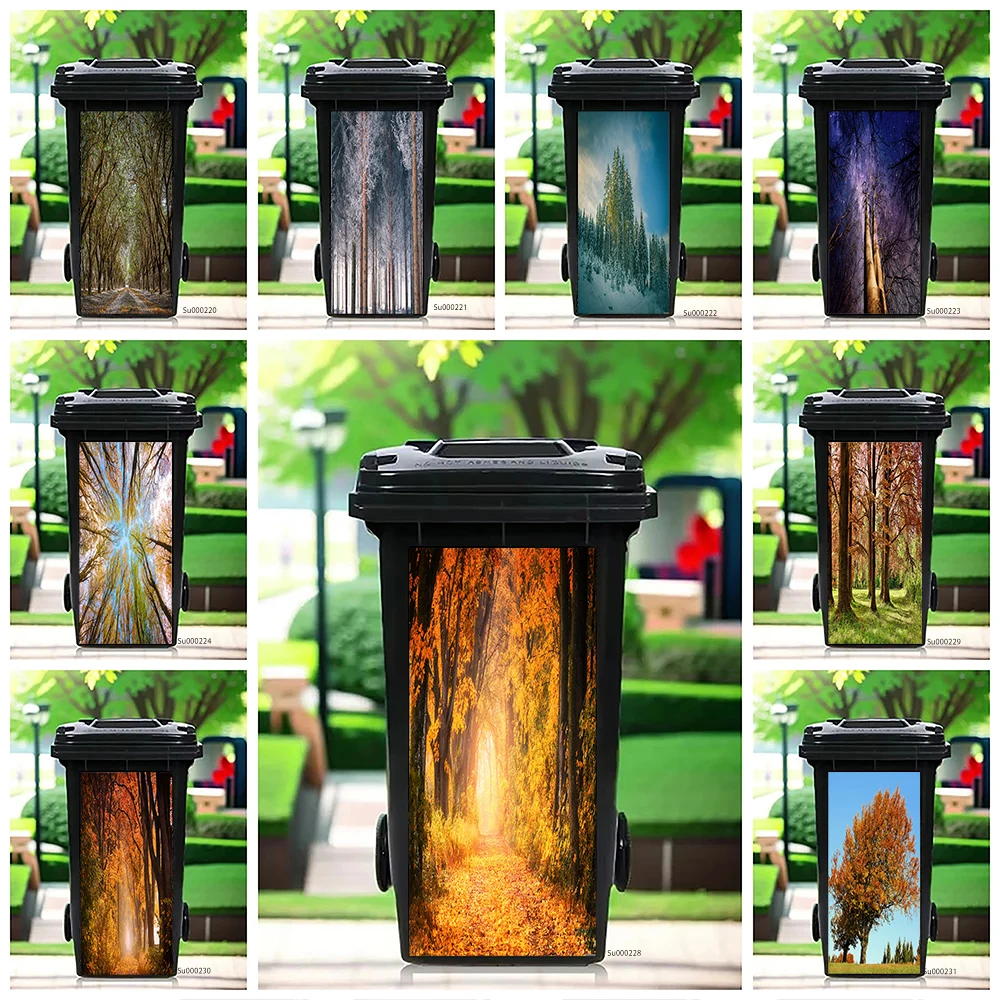

Autumn Forest Path Trash Can Sticker, Fall Trees Sunlight Design Waterproof Removable Outdoor Wheeled Garbage Bin Decor