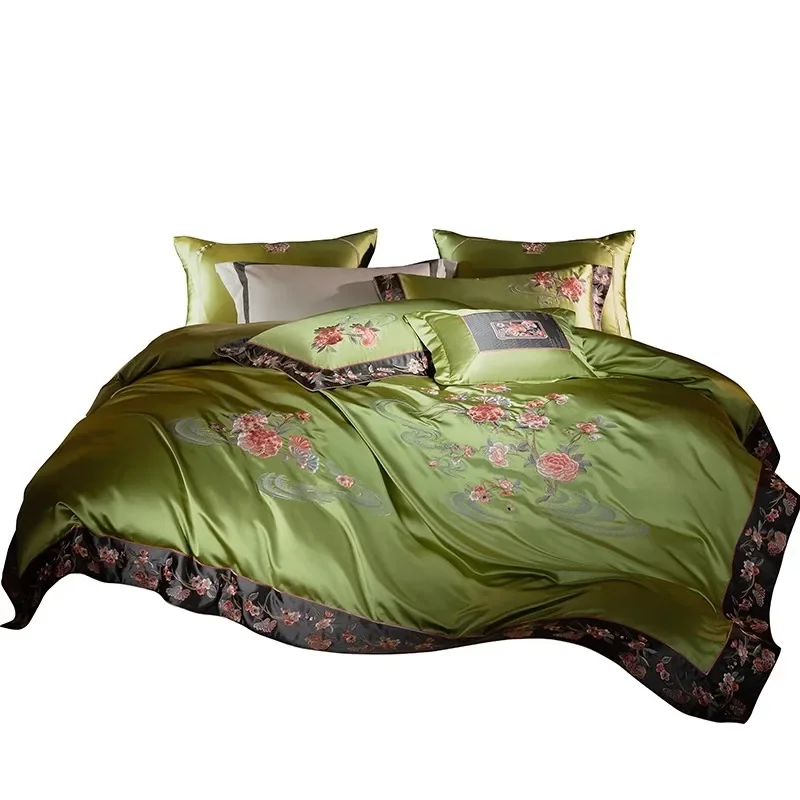 Chinese retro green 160S satin silk cotton four-piece set high-grade flower embroidered quilt cover cotton bed sheet cover