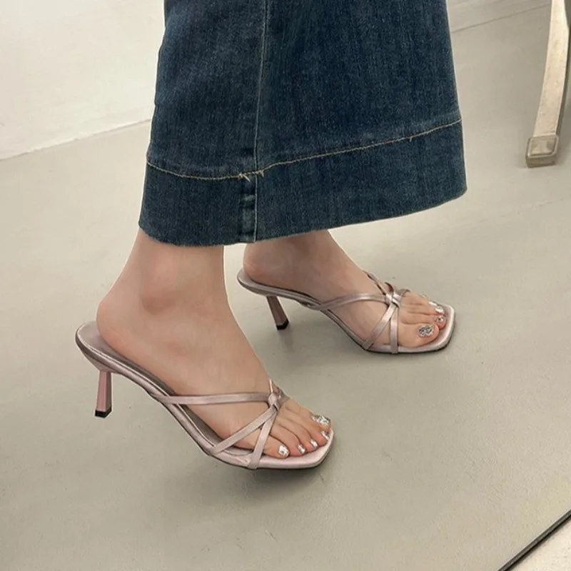 

2026 Summer Solid Color Women's Sandals Sexy Open Toe High Heels Elegant Slip-on Dress Slippers
