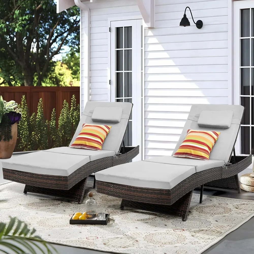 

Outdoor Wicker Chaise Lounge Chair Set of 2, Rattan Patio Lounge Chairs for Outside, Adjustable Chaise Loungers with Cushions