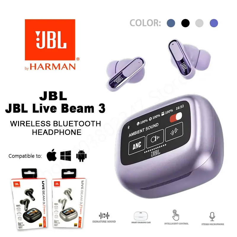 Official Original HK version JBL Live Beam 3 True wireless earbuds LED Touch Screen Bluetooth Headphones Earbuds with mic