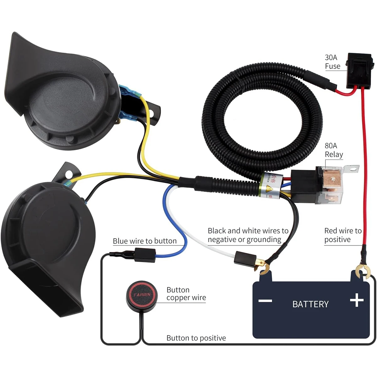 Car Horn Relay Wiring Harness Kit and Horn Push Button with 3 Meters Wire for Car Truck Grille Mount Blast Tone Horns