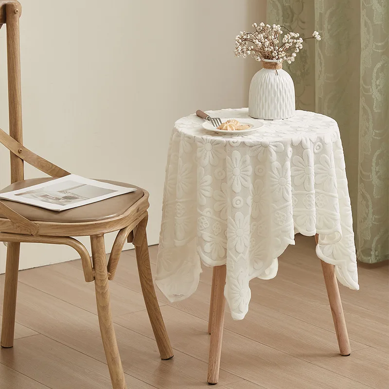 Cute White Sunflower Lace Round Tablecloth Small Knitted Table Cover for Dorm Bedside Desk Coffee Table