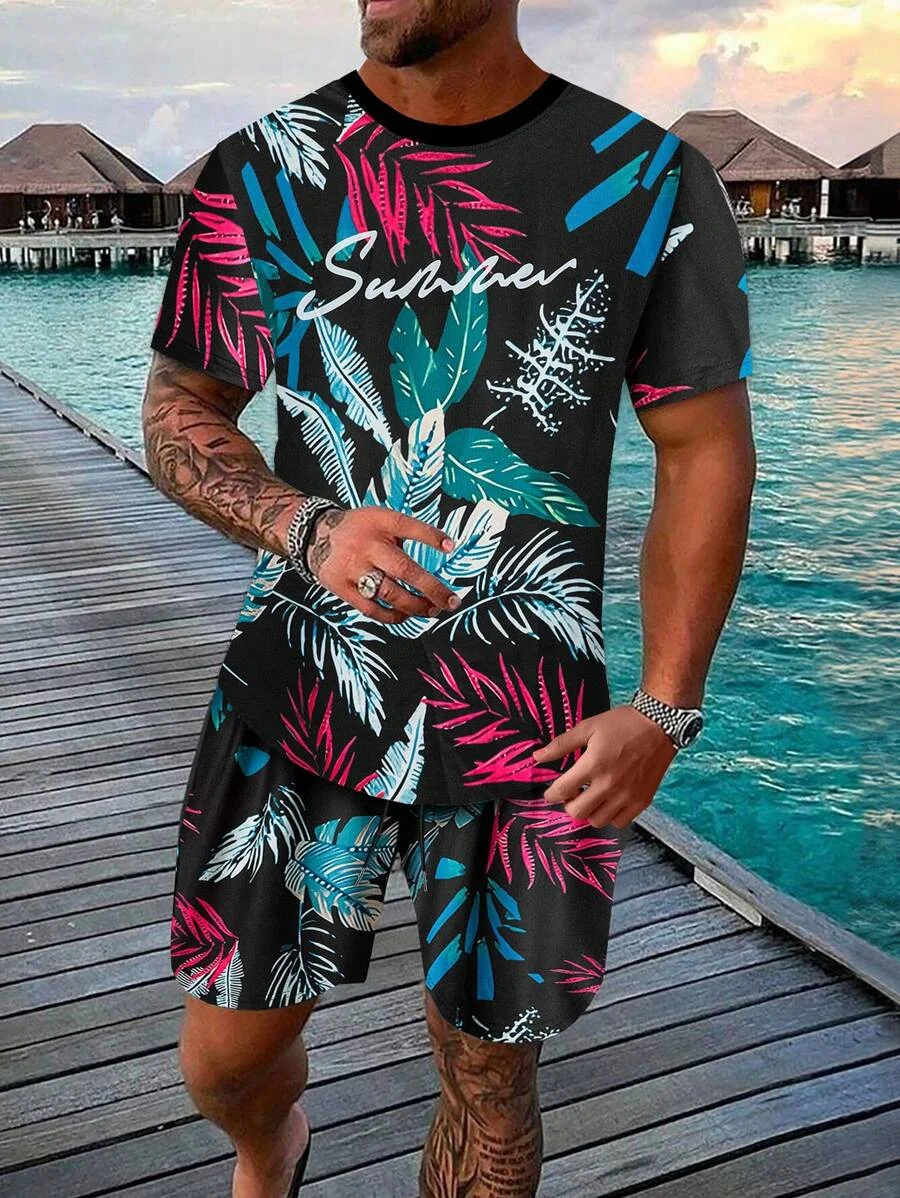 Men's set fashion leaf print round neck short sleeved shirt Hawaii vacation casual set men's loose drawstring pocket shorts