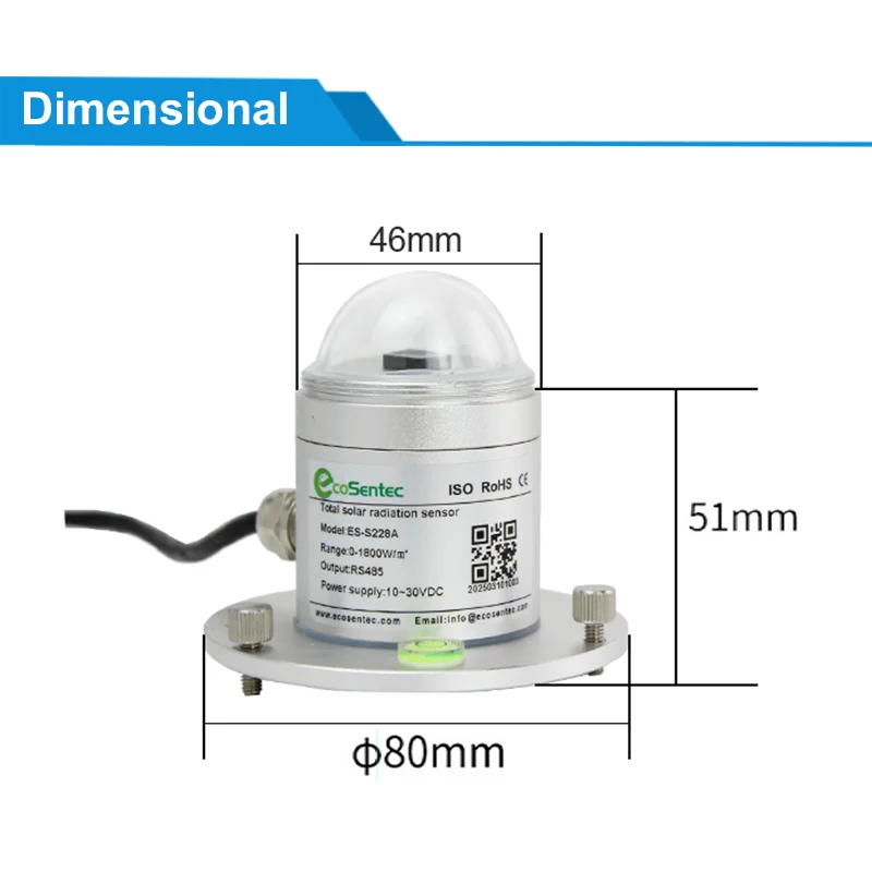 ES-S228A الالكترونيات الضوئية الاستشعار الإشعاع الشمسي العالمي RS485 الارسال 0 ~ 1800 واط/م2 الإشعاع مقياس الإشعاع الزراعة الشمسية
