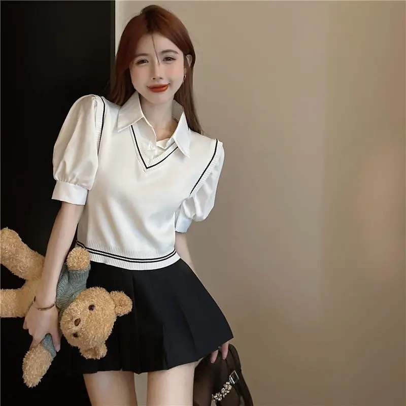 قمصان مكونة من قطعتين للسيدات جميلة كورية بأكمام منتفخة وأكمام منتفخة بسيطة للصيف على طراز بريبي تصميم نحيف للكلية في شارع العليا #5