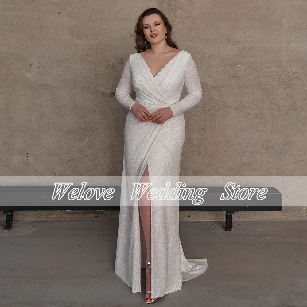 Elegant Schede Slit Trouwjurk Lange Mouwen Shine Bridal Gown Sweep Trein Plus Size 2022 Nieuwe Strand Robe De Soriee femme Zip