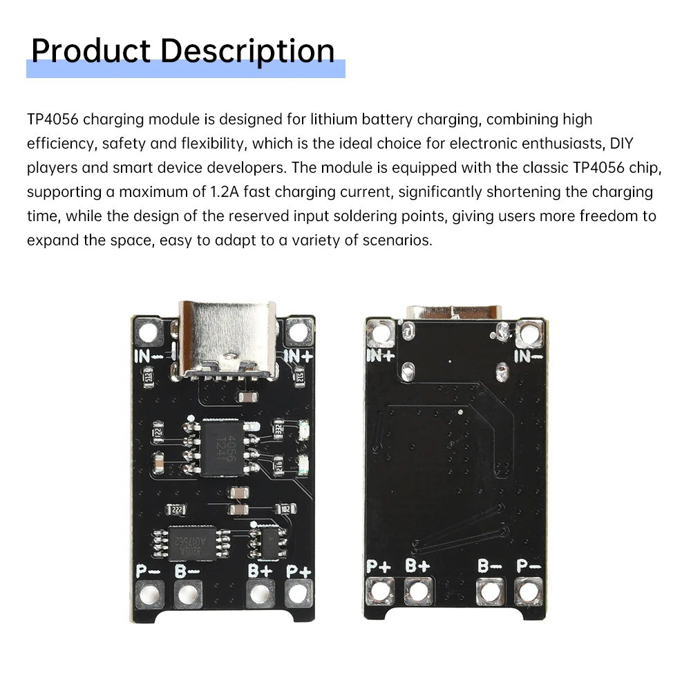 Type C DC 4-8V TP4056 Li-ion Battery Charging Module 1.2A With BAT-VDD Anti-Backflow And Anti-Reverse Connection Functions