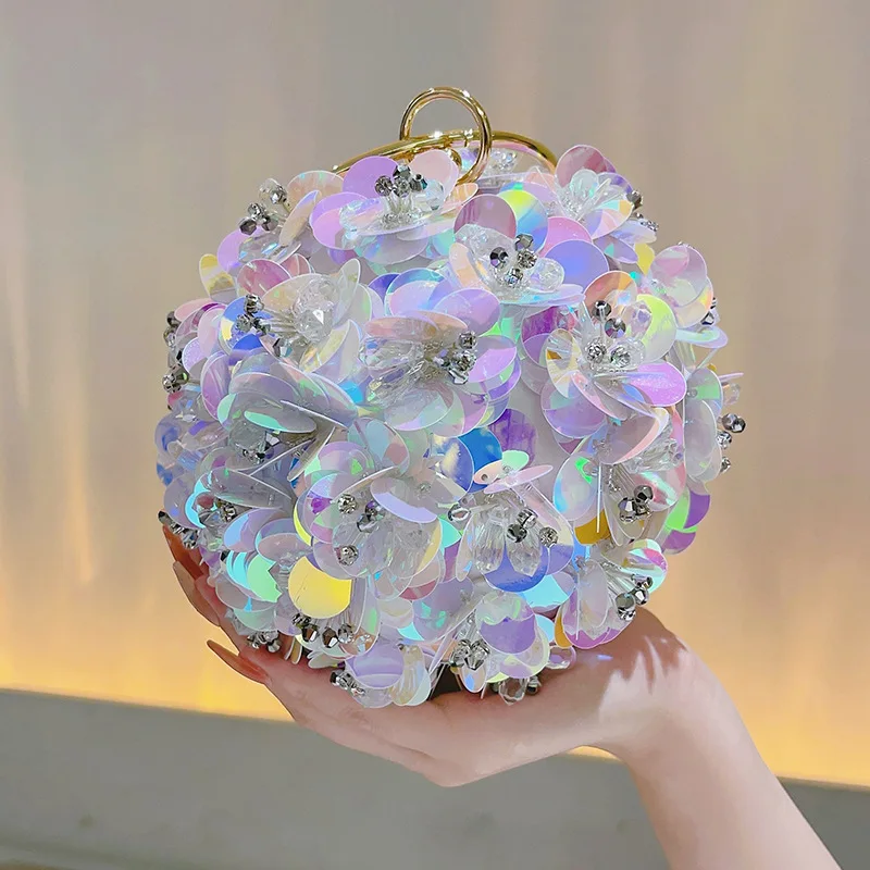 Holographic Scale Sequin Flower Round Clutch Bag Big Metal Ring Handbag Mini Purse For Wedding Banquet Evening Party