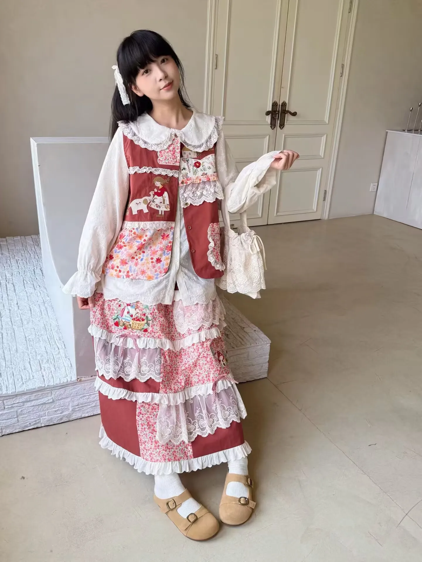 

Women Vintage Cotton Elastic Waist Patchwork Casual Japanese Mori Girl A-Line Skirt