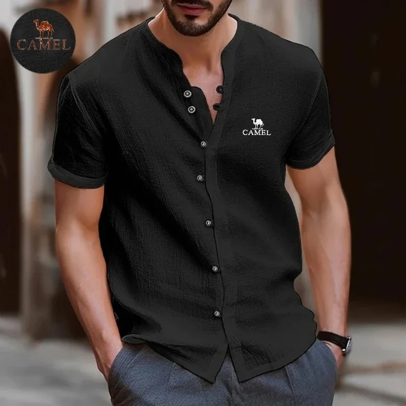 Camisa masculina bordada de algodão puro camelo de verão, tendência da moda retrô, camisa polo confortável esportiva casual